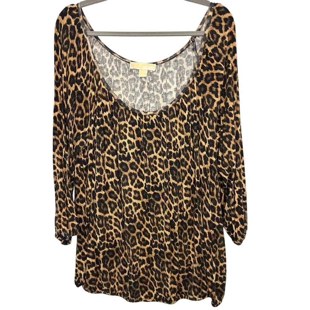 Michael Michael Kors Leopard‎ Print Scoop Neck 3/4 Sleeve Blouse Brown Large